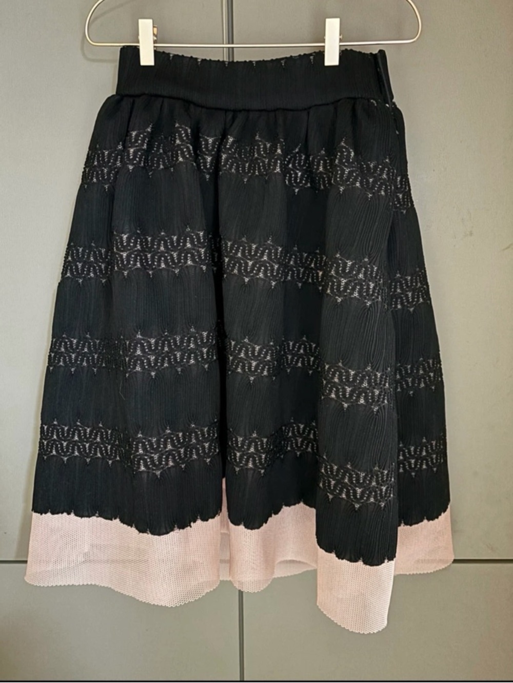 Maje Brand New Black Lace Overlay Midi Skirt with Blush Hem